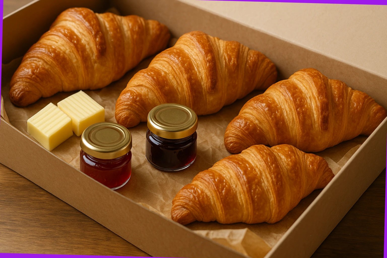 Brunch pack with croissants, butter pats and small jams