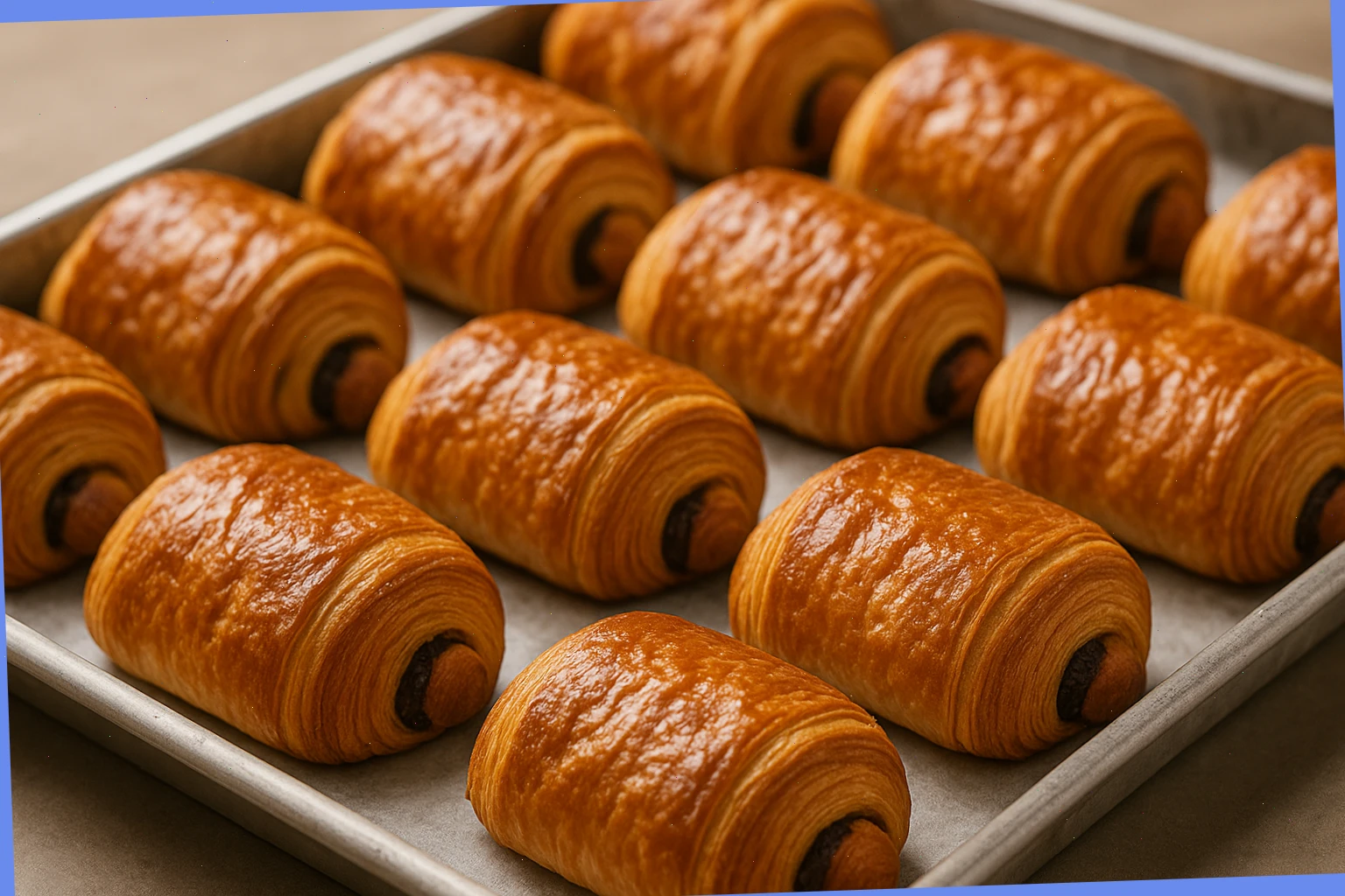 Neatly lined pain au chocolat on a tray