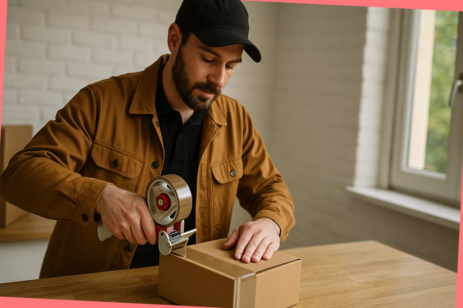 Courier Jay Martin sealing a delivery box