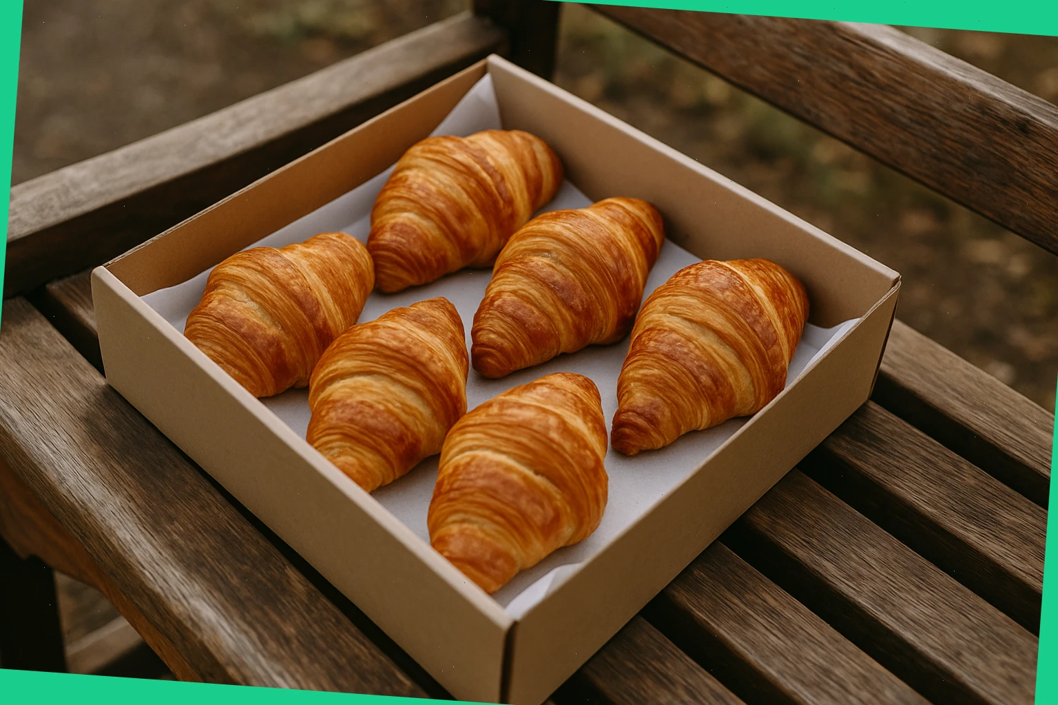 Box of six butter croissants on a wooden bench